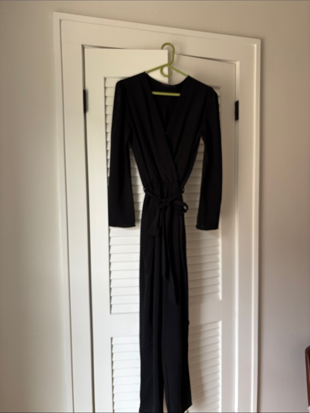 Women's Black Long-Sleeve Wrap Maxi Pantsuit with Tie Waist